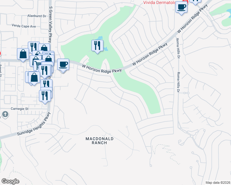 map of restaurants, bars, coffee shops, grocery stores, and more near 2131 Tiger Links Drive in Henderson