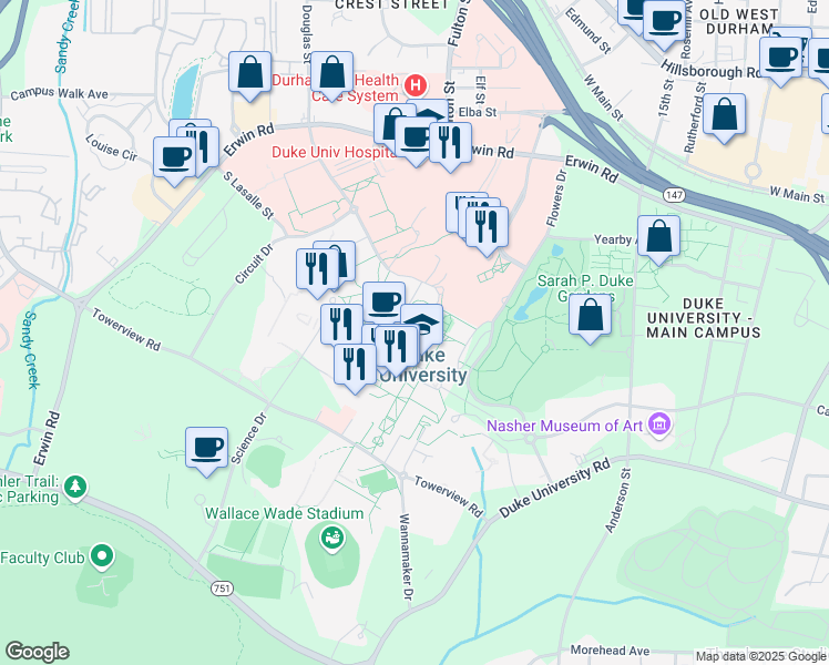 map of restaurants, bars, coffee shops, grocery stores, and more near in Durham