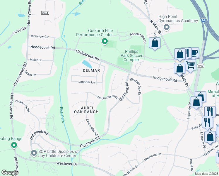 map of restaurants, bars, coffee shops, grocery stores, and more near 6111 Tory Court in High Point