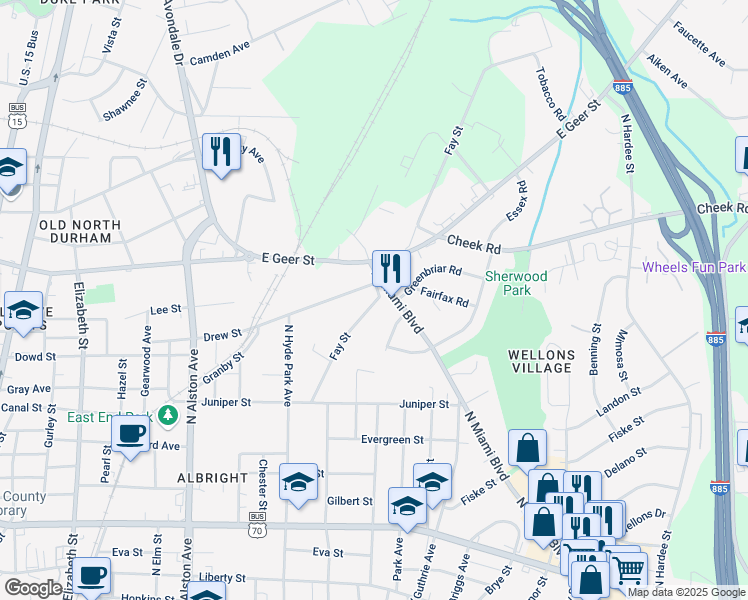 map of restaurants, bars, coffee shops, grocery stores, and more near 1407 Drew Street in Durham