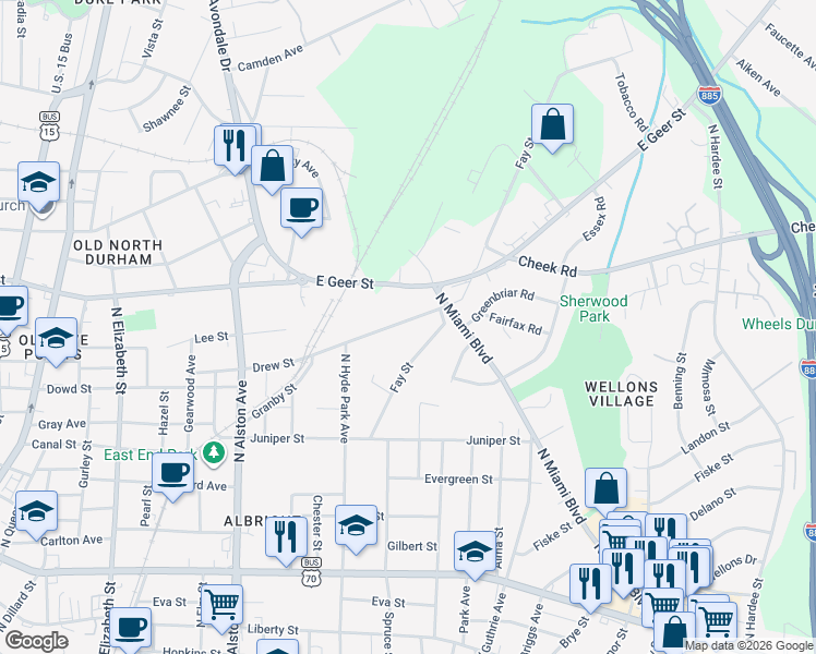 map of restaurants, bars, coffee shops, grocery stores, and more near 1213 Drew Street in Durham
