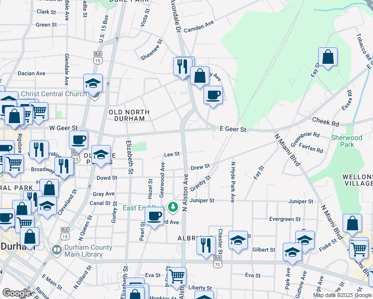 map of restaurants, bars, coffee shops, grocery stores, and more near 1300 Grove Street in Durham