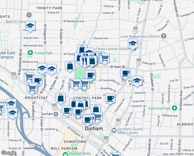 map of restaurants, bars, coffee shops, grocery stores, and more near 726 Rigsbee Avenue in Durham