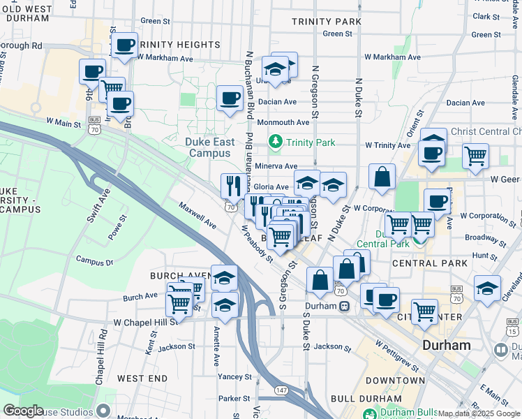 map of restaurants, bars, coffee shops, grocery stores, and more near 112 North Buchanan Boulevard in Durham