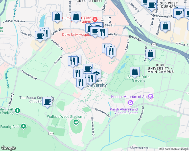 map of restaurants, bars, coffee shops, grocery stores, and more near in Durham