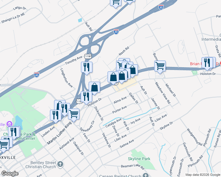 map of restaurants, bars, coffee shops, grocery stores, and more near 3956 Linden Avenue in Knoxville
