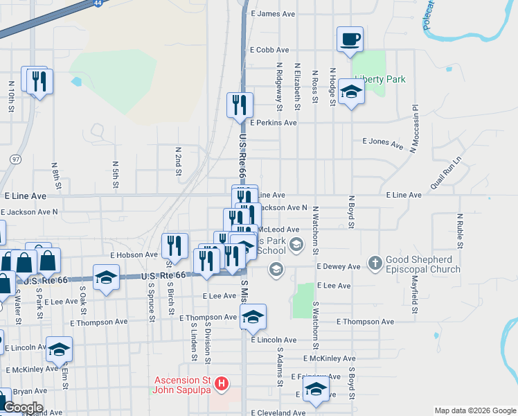 map of restaurants, bars, coffee shops, grocery stores, and more near 1116 East Line Avenue in Sapulpa