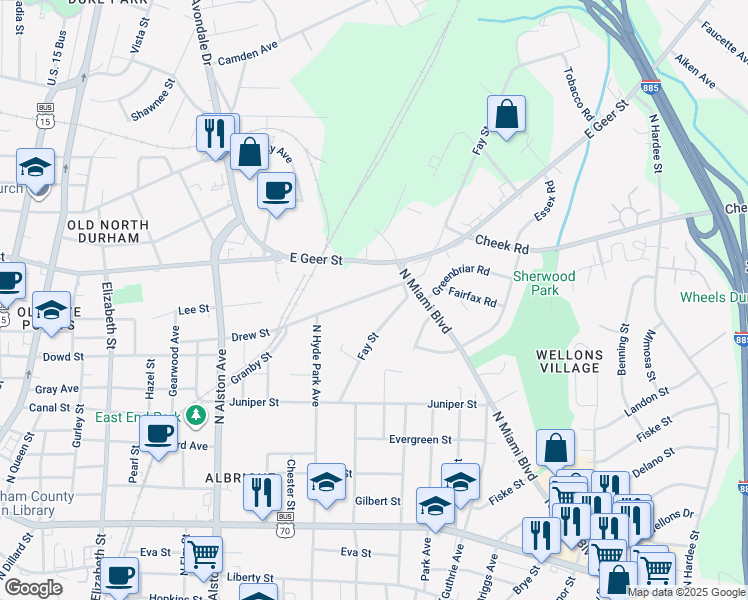 map of restaurants, bars, coffee shops, grocery stores, and more near 1213 Drew Street in Durham