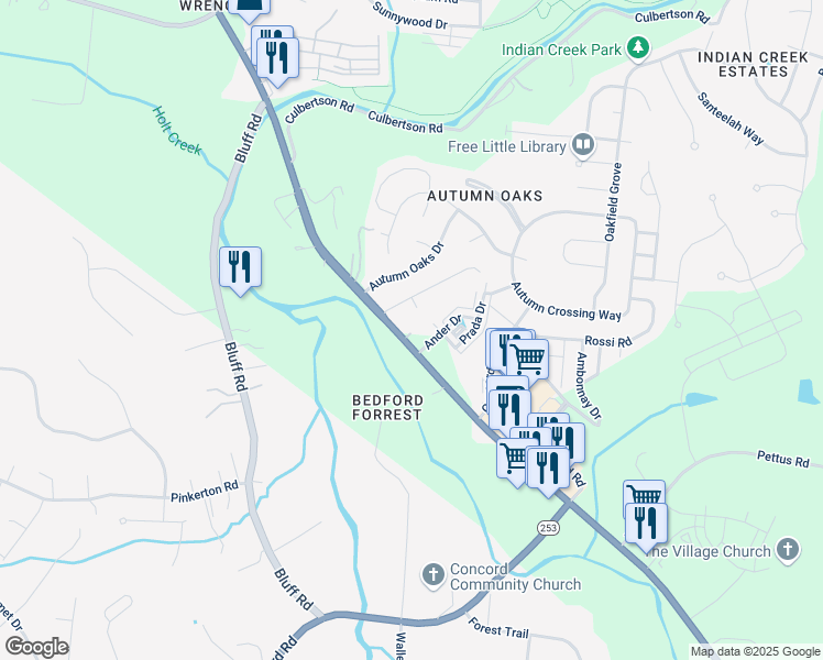 map of restaurants, bars, coffee shops, grocery stores, and more near 424 High Point Terrace in Brentwood