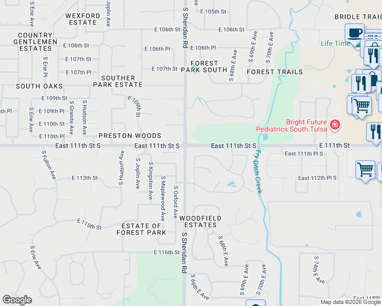map of restaurants, bars, coffee shops, grocery stores, and more near 6331 East 111th Place in Tulsa