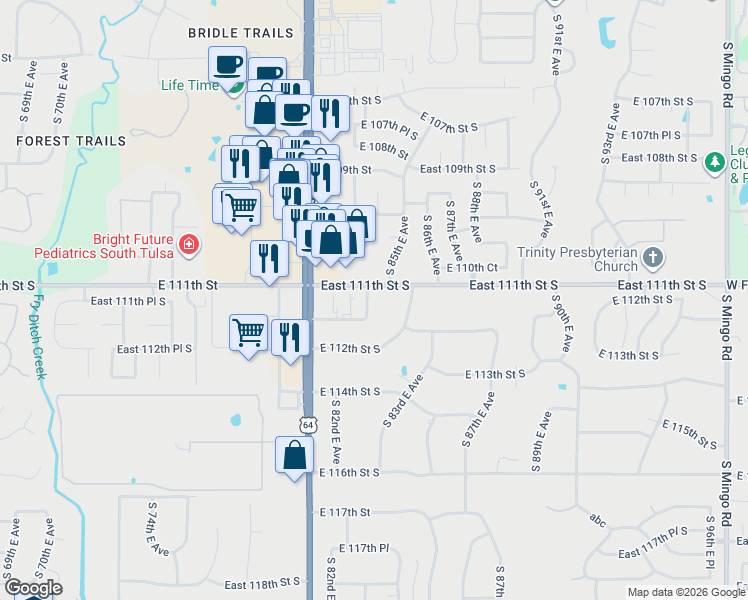 map of restaurants, bars, coffee shops, grocery stores, and more near 8240 East 111th Street South in Bixby