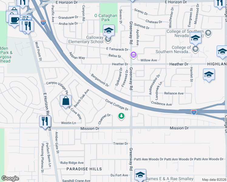 map of restaurants, bars, coffee shops, grocery stores, and more near 322 Wintercress Drive in Henderson