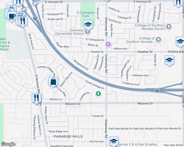 map of restaurants, bars, coffee shops, grocery stores, and more near 322 Wintercress Drive in Henderson