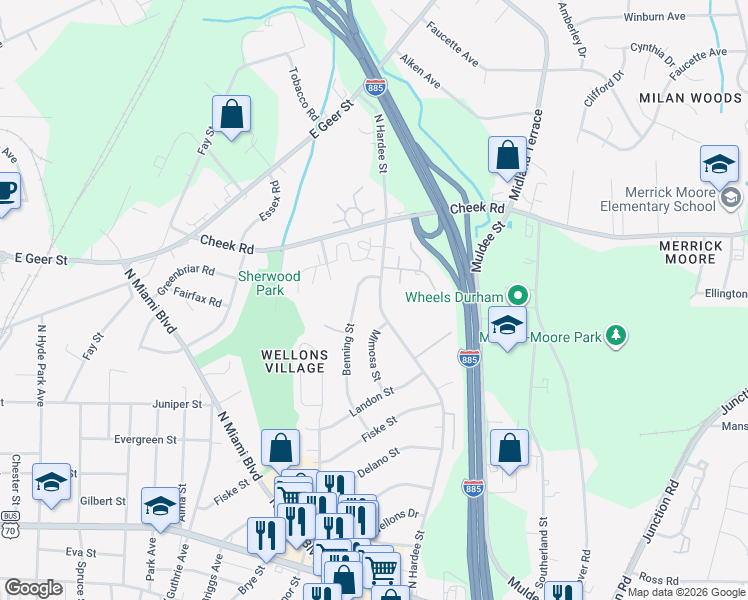 map of restaurants, bars, coffee shops, grocery stores, and more near 725 North Hardee Street in Durham