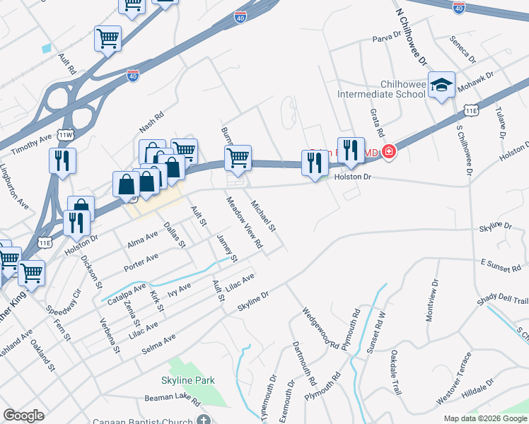 map of restaurants, bars, coffee shops, grocery stores, and more near 4628 Holston Drive in Knoxville