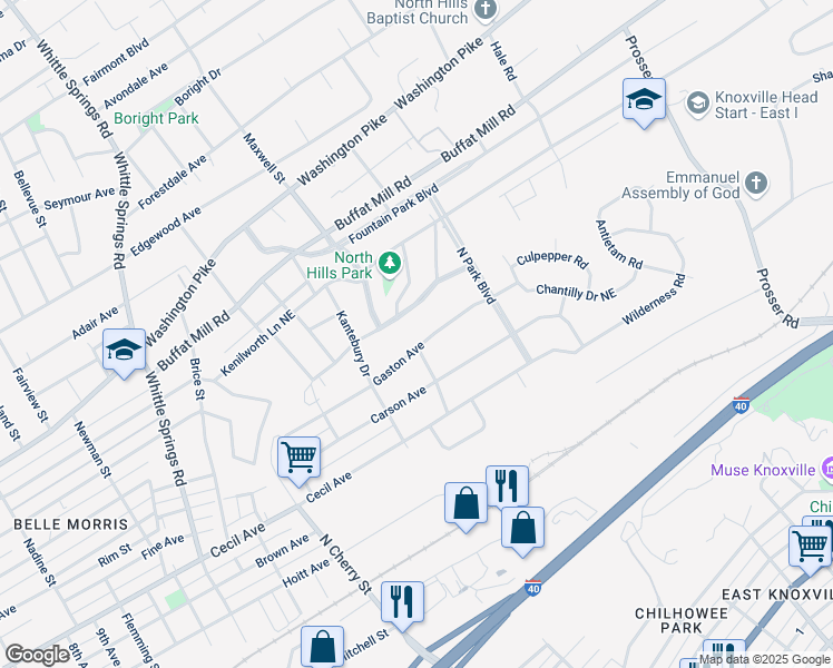 map of restaurants, bars, coffee shops, grocery stores, and more near 3022 North Hills Boulevard in Knoxville