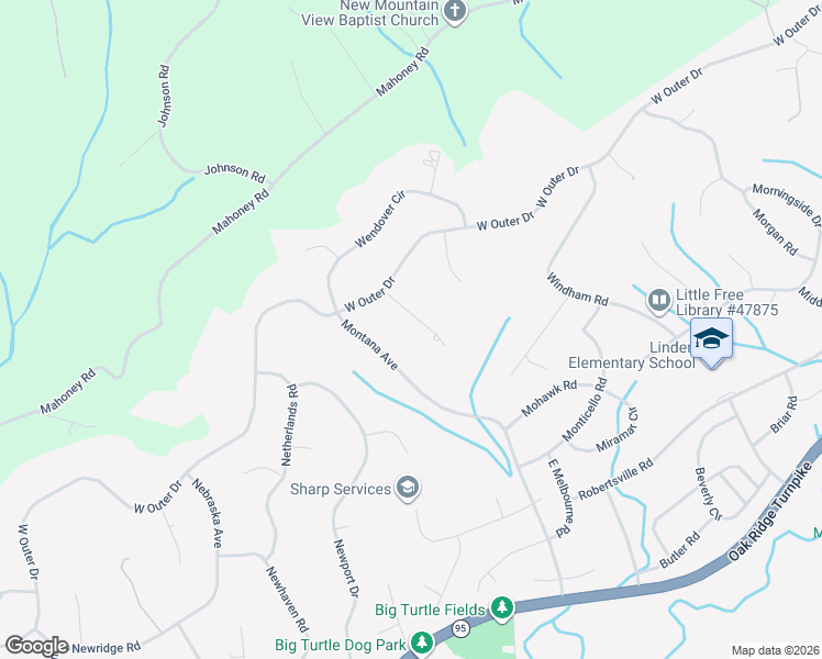 map of restaurants, bars, coffee shops, grocery stores, and more near 105 Wood Ridge Lane in Oak Ridge