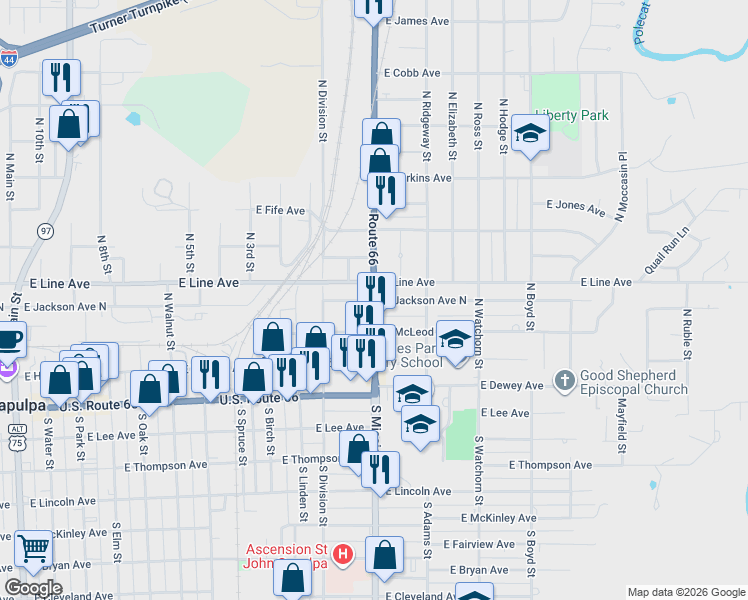 map of restaurants, bars, coffee shops, grocery stores, and more near 1026 East Line Avenue in Sapulpa