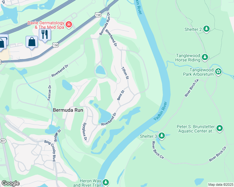 map of restaurants, bars, coffee shops, grocery stores, and more near 136 Bent Street in Bermuda Run