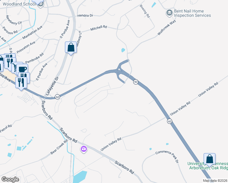 map of restaurants, bars, coffee shops, grocery stores, and more near 200 Summit Place in Oak Ridge