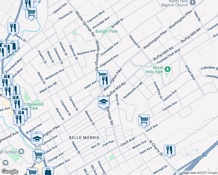 map of restaurants, bars, coffee shops, grocery stores, and more near 2428 Washington Pike in Knoxville