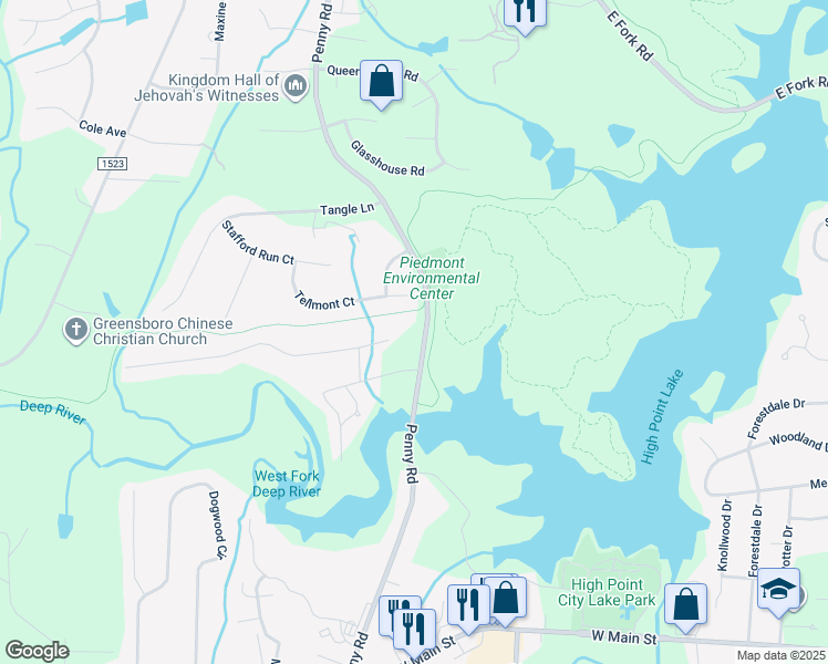 map of restaurants, bars, coffee shops, grocery stores, and more near 1207 Penny Road in High Point