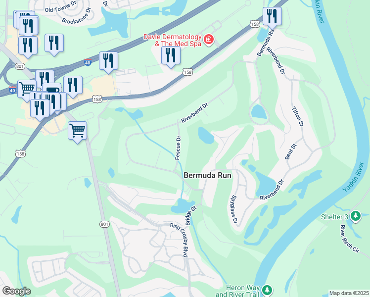 map of restaurants, bars, coffee shops, grocery stores, and more near 146 Fescue Drive in Bermuda Run