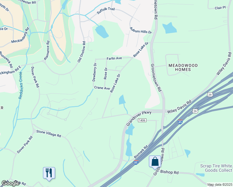 map of restaurants, bars, coffee shops, grocery stores, and more near 4115 Rose Lake Drive in Greensboro