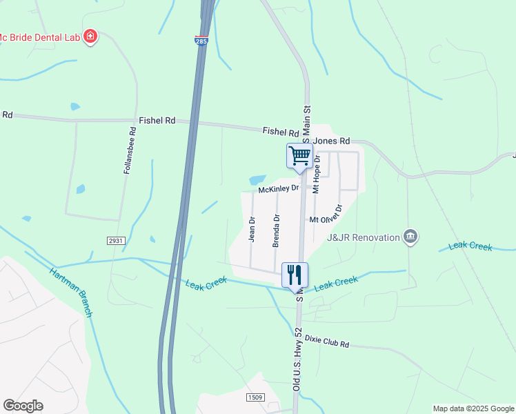 map of restaurants, bars, coffee shops, grocery stores, and more near 5209 Jean Drive in Winston-Salem