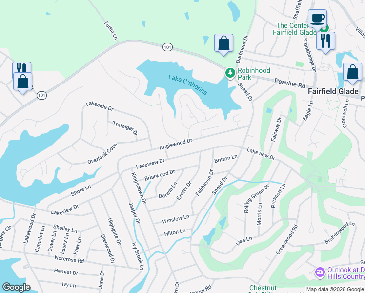 map of restaurants, bars, coffee shops, grocery stores, and more near 146 Anglewood Drive in Crossville