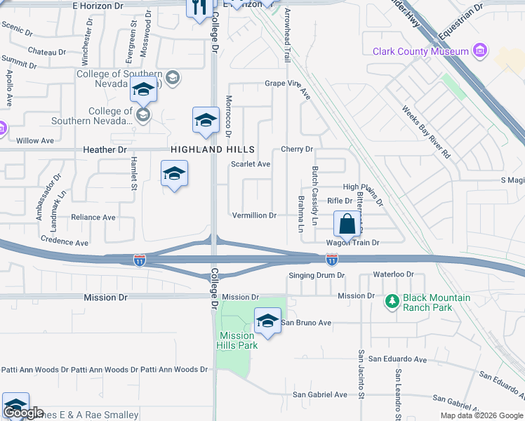 map of restaurants, bars, coffee shops, grocery stores, and more near 855 Vermillion Drive in Henderson