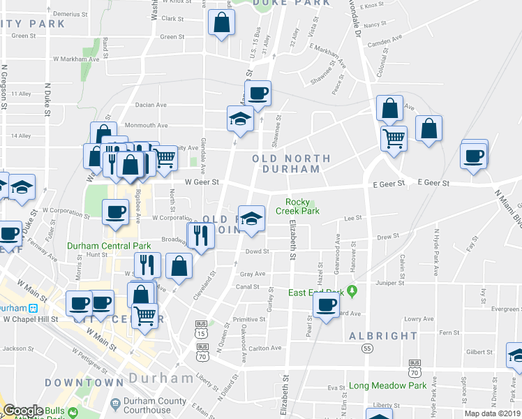 map of restaurants, bars, coffee shops, grocery stores, and more near 208 East Geer Street in Durham