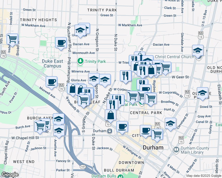 map of restaurants, bars, coffee shops, grocery stores, and more near 501 North Duke Street in Durham