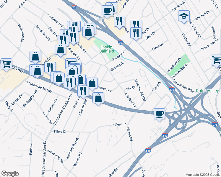 map of restaurants, bars, coffee shops, grocery stores, and more near 4608 Tanglewood Road in Knoxville