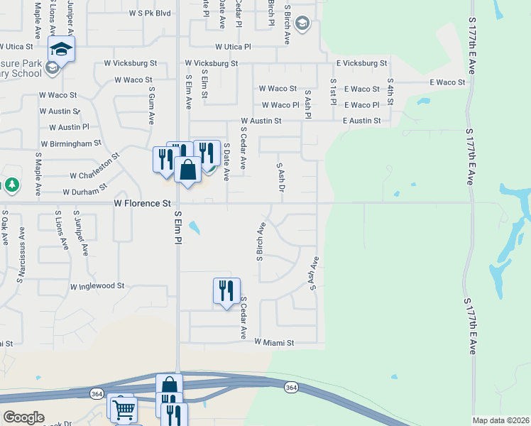 map of restaurants, bars, coffee shops, grocery stores, and more near 4722 South Ash Drive in Broken Arrow