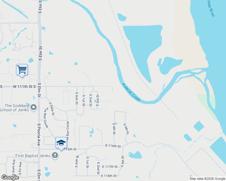 map of restaurants, bars, coffee shops, grocery stores, and more near 421 East 111th Street in Jenks
