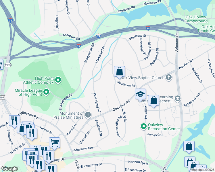 map of restaurants, bars, coffee shops, grocery stores, and more near 3509 Rolling Road in High Point