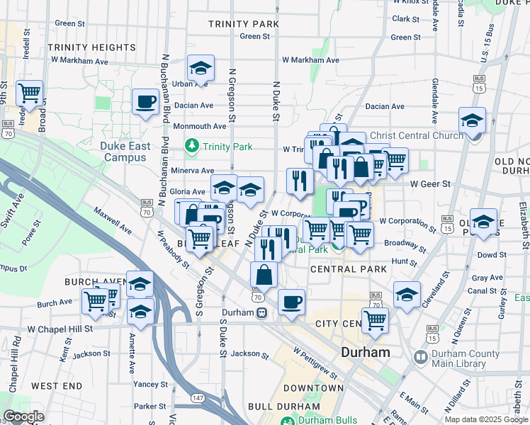 map of restaurants, bars, coffee shops, grocery stores, and more near 400 North Duke Street in Durham