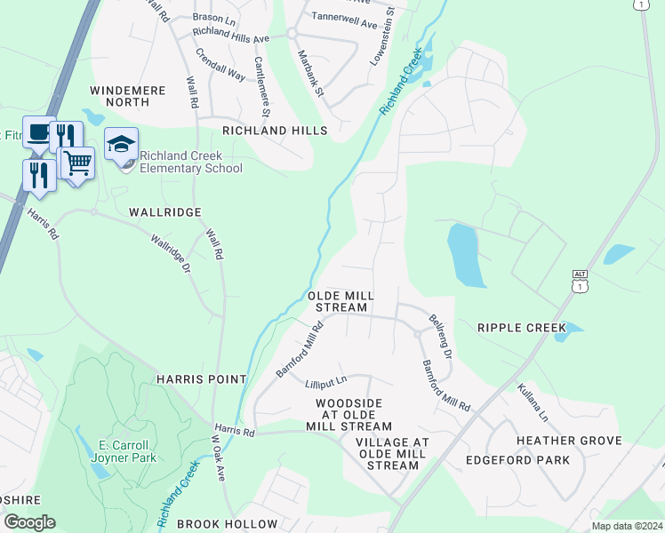 map of restaurants, bars, coffee shops, grocery stores, and more near 521 Wheddon Cross Way in Wake Forest