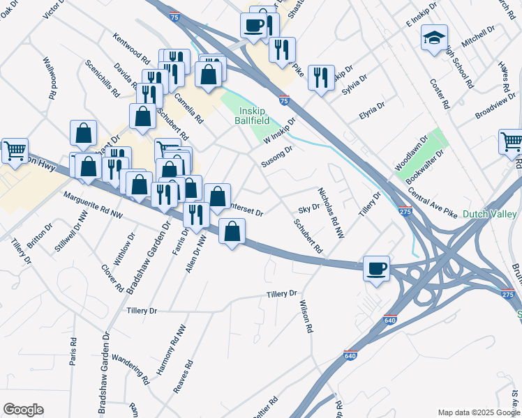 map of restaurants, bars, coffee shops, grocery stores, and more near 4608 Tanglewood Road in Knoxville
