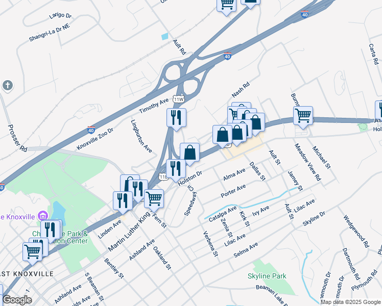 map of restaurants, bars, coffee shops, grocery stores, and more near 3910 Linden Avenue in Knoxville