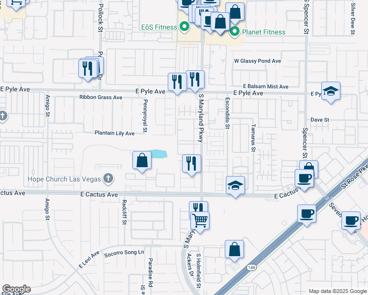 map of restaurants, bars, coffee shops, grocery stores, and more near 10245 South Maryland Parkway in Las Vegas