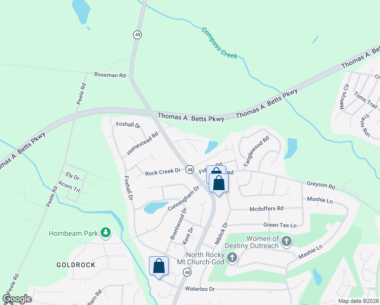 map of restaurants, bars, coffee shops, grocery stores, and more near 1349 Northridge Drive in Rocky Mount