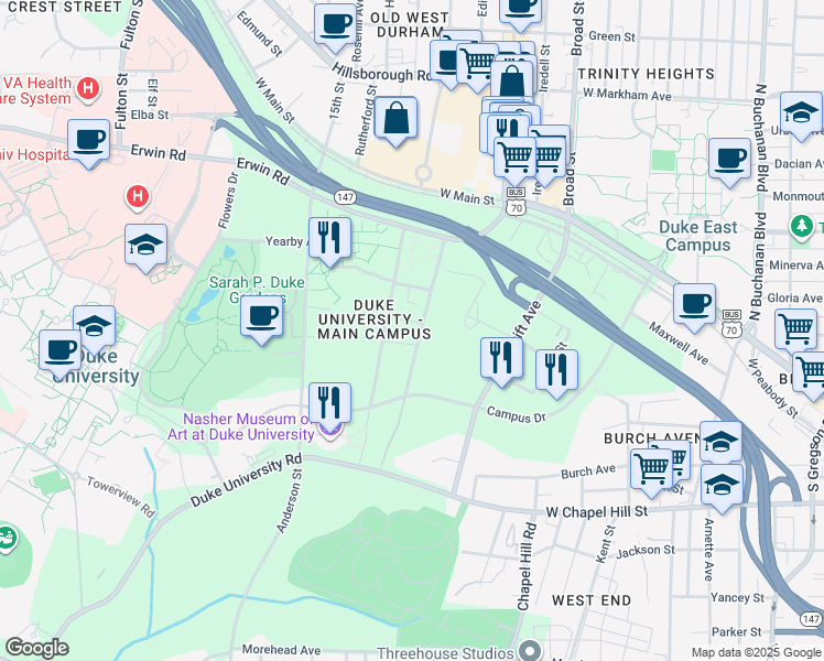 map of restaurants, bars, coffee shops, grocery stores, and more near 402 Oregon Street in Durham