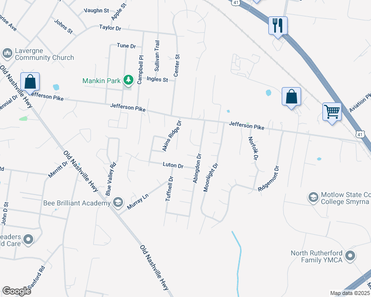 map of restaurants, bars, coffee shops, grocery stores, and more near 1203 Akins Ridge Drive in La Vergne