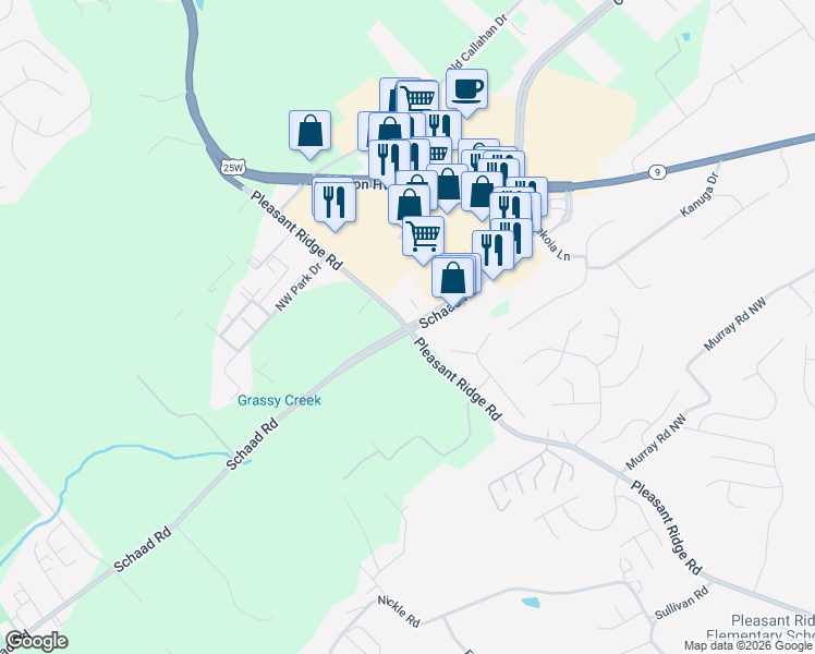 map of restaurants, bars, coffee shops, grocery stores, and more near Schaad Rd & Pleasant Ridge Rd in Knoxville