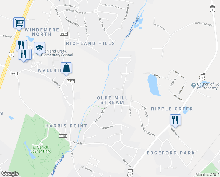 map of restaurants, bars, coffee shops, grocery stores, and more near 521 Wheddon Cross Way in Wake Forest