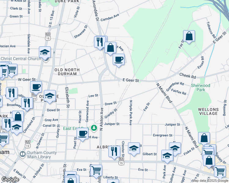 map of restaurants, bars, coffee shops, grocery stores, and more near 821 Lee Street in Durham