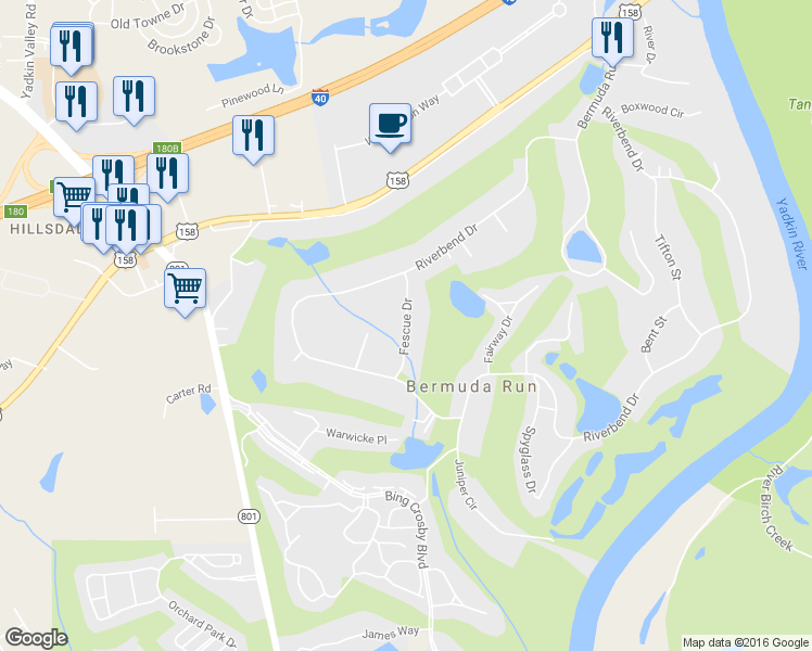 map of restaurants, bars, coffee shops, grocery stores, and more near 146 Fescue Drive in Bermuda Run