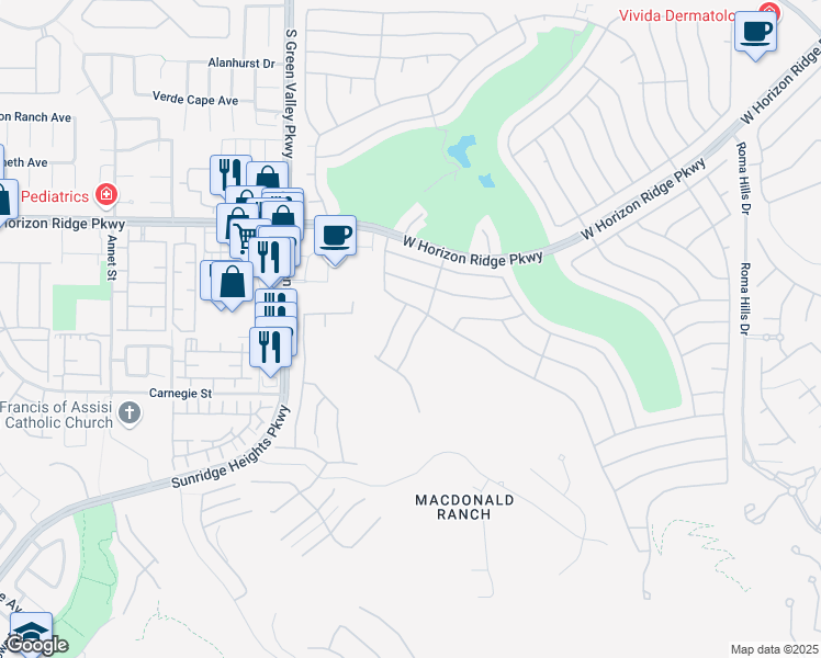 map of restaurants, bars, coffee shops, grocery stores, and more near 561 Carmel Valley Street in Henderson